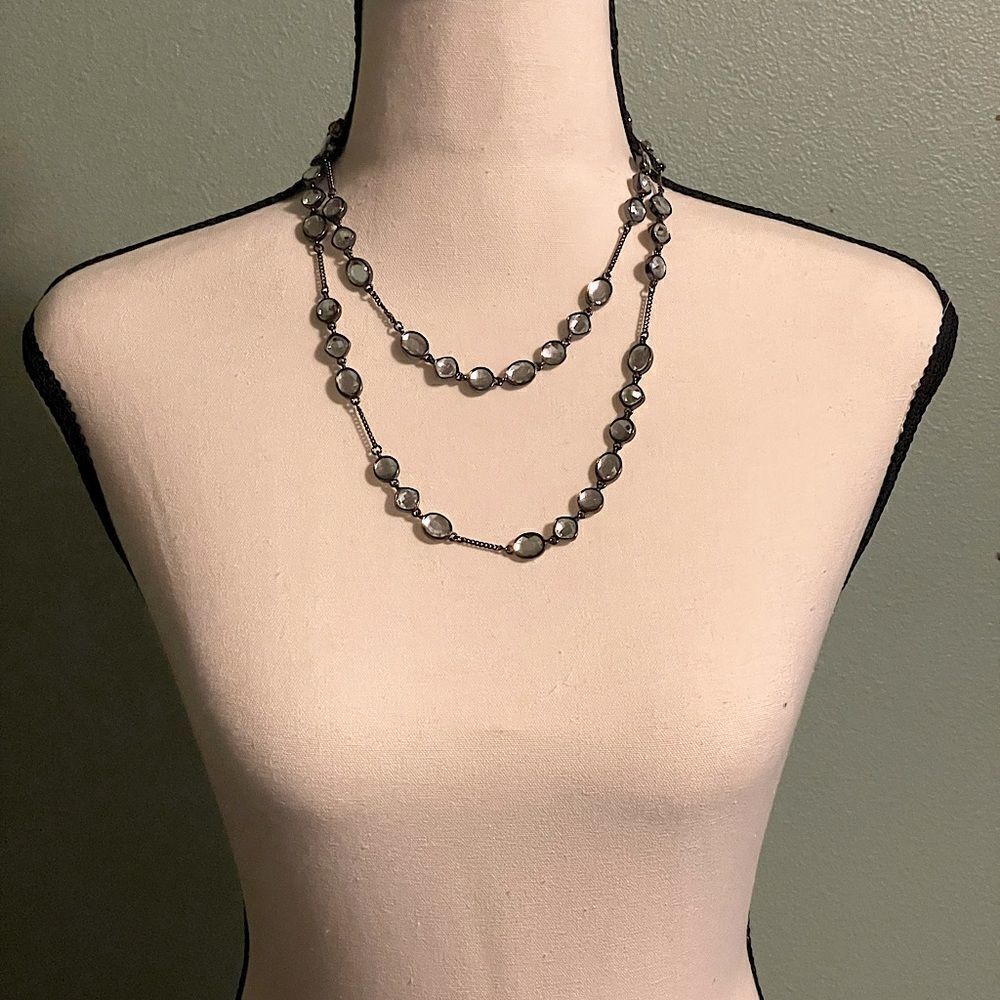 Silver (with Light Blue Oval Glass Beads), Long Necklace.